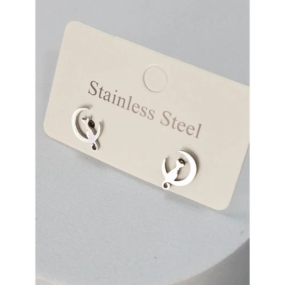 Crescent Moon Cat Stud Earrings Dainty Celestial Silver Stainless Steel Dreamy